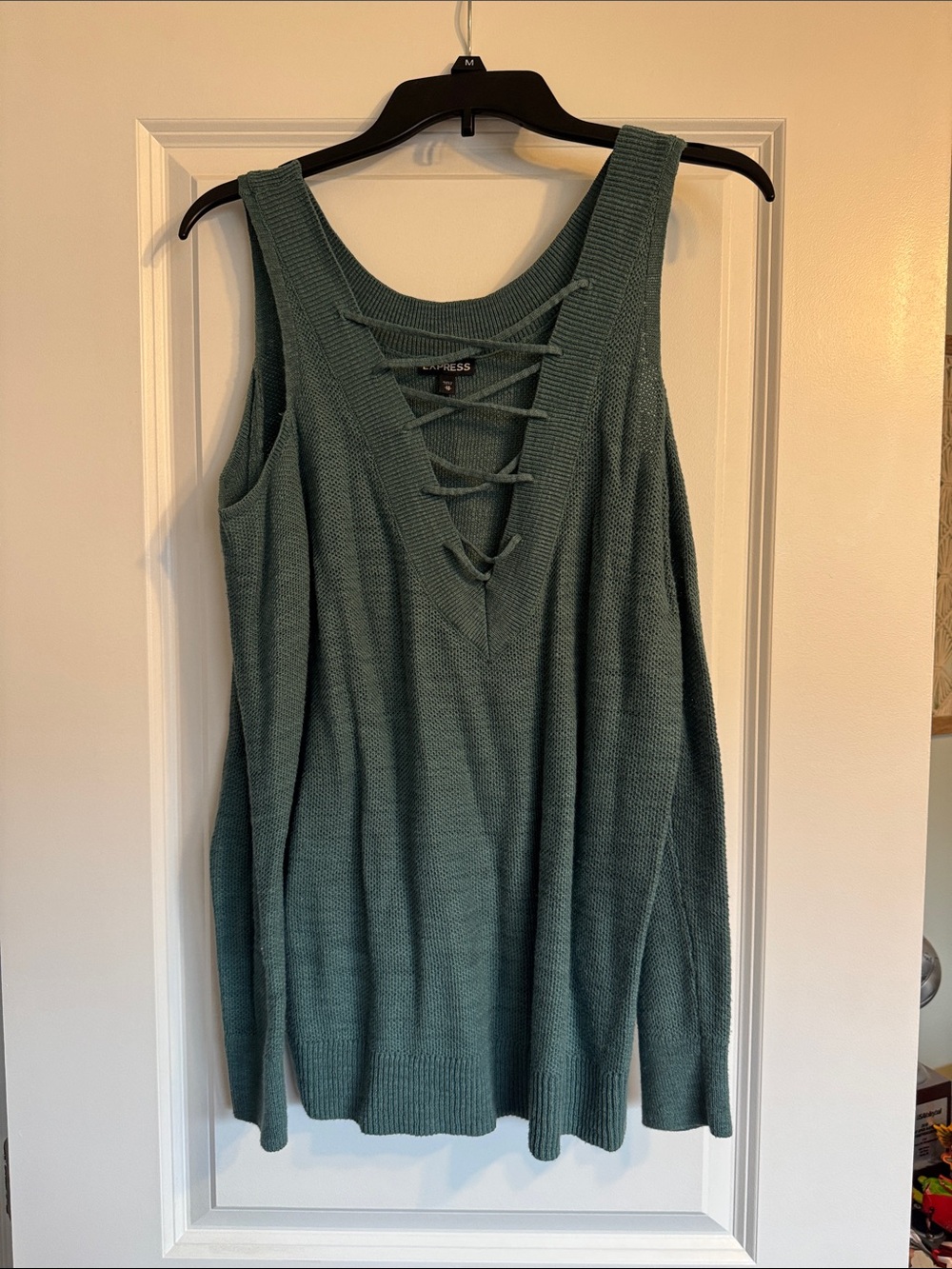Lace-Up V-Neck Cold Shoulder Knit sweater- Green
